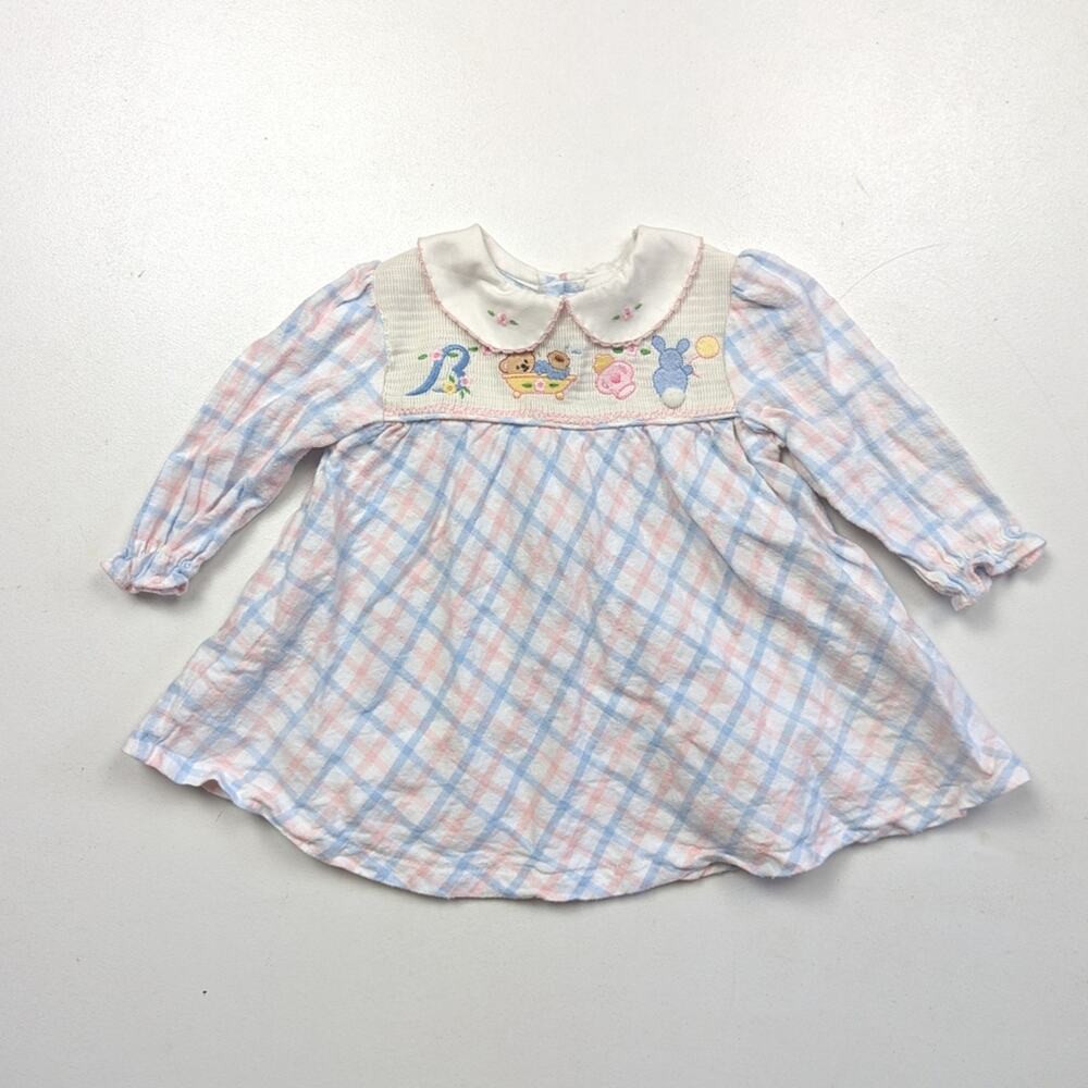Vintage 90s Dress Baby Girls Size 6-9m Plaid Smocked Bear Bunny